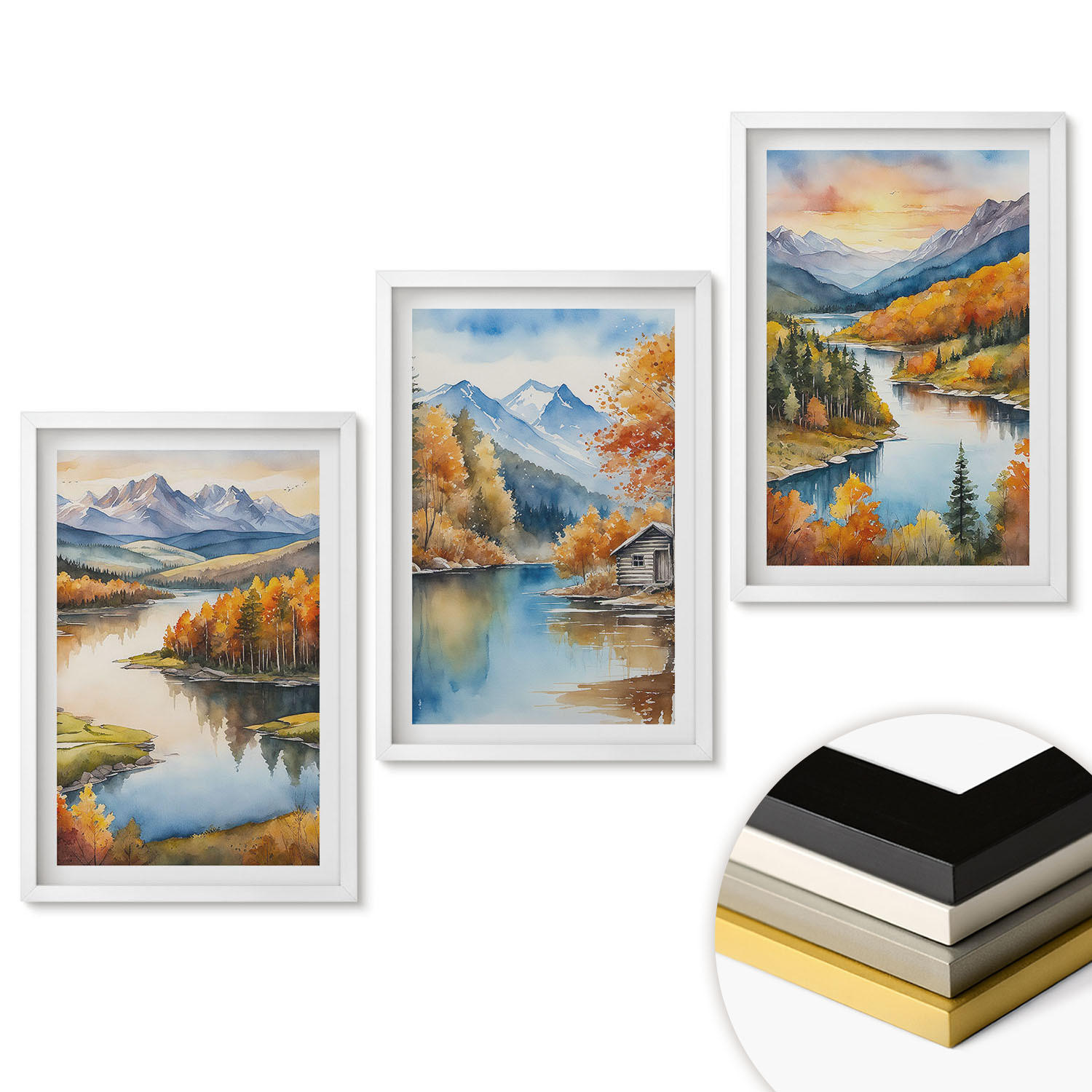 WANDBILDER 3er-Set - 40x60 cm Weißer Rahmen - Herbstliche Berglandschaften - Weiß, Kunststoff (40/60cm) - ArtPrintCave