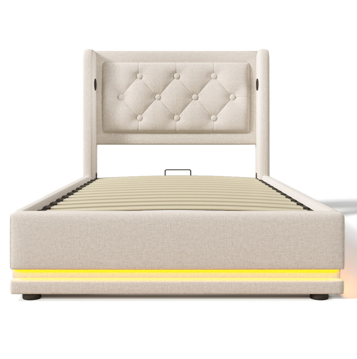 POLSTERBETT 90/200 cm mit USB, Typ-C, Matratze, 3-seitiger LED und hydraulischem Stauraum, Beige - Beige, Textil (90/200cm) - Redom
