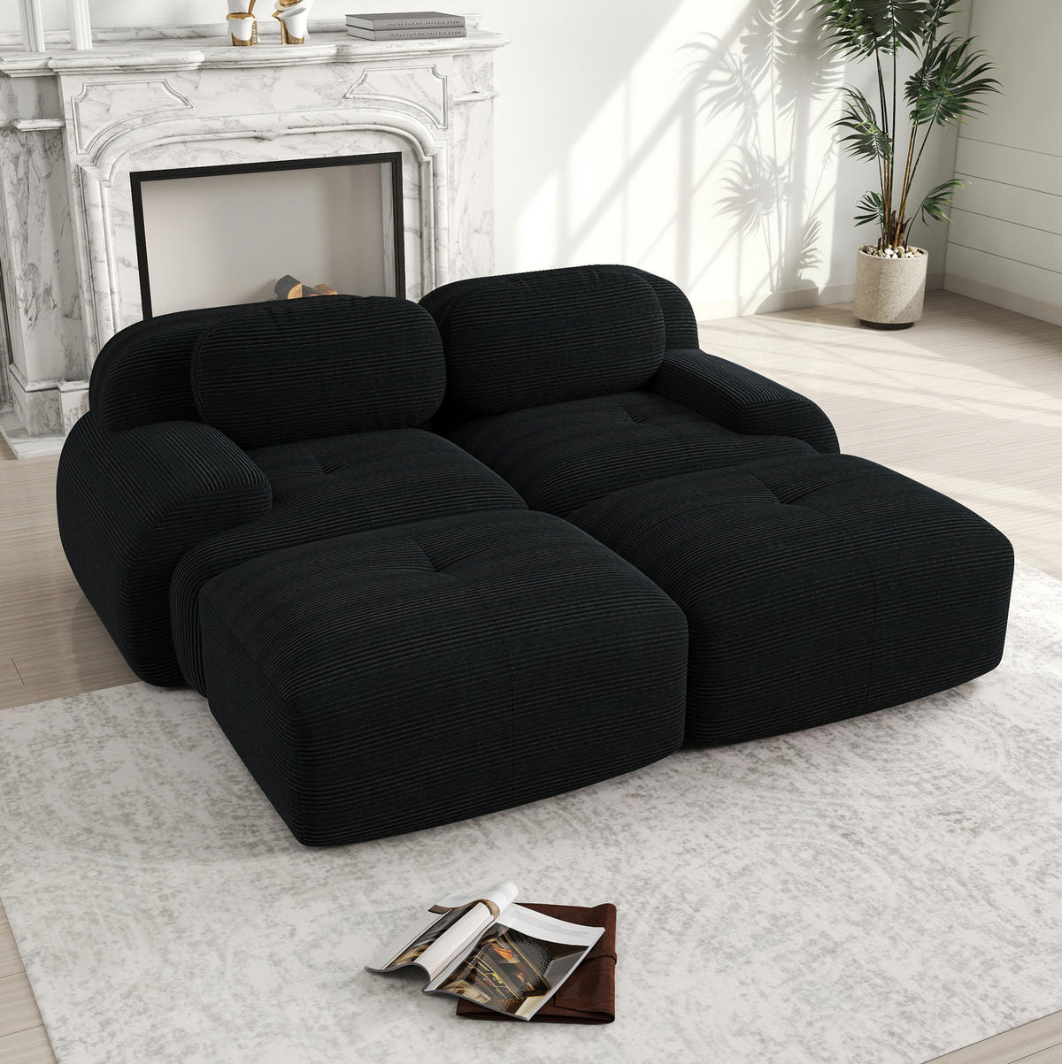 2MÍSTNÁ modulární pohovka černá z manšestru s ergonomickými područkami a protiskluzovou základnou - černá, textil (178/75/208cm) - OKWISH