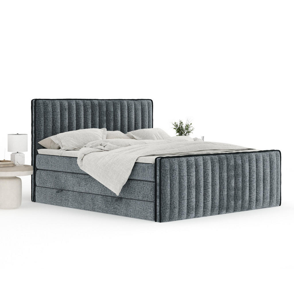 Thumbnail - Maison de Reve Boxspringbett, Blaugrau, Textil, Buche, Kiefer, H3 + H4, 7-Zonen, Höhe ca. 40 cm, 160x200 cm, Handmade in...
