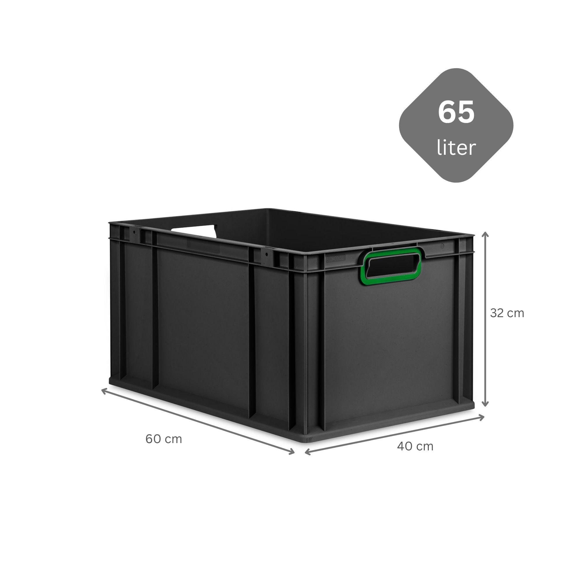 EUROBOX 3x NextGen Color 32x40x60 cm 65 Liter Griffe grün offen, Schwarz - Schwarz/Grün, Kunststoff (40/32/60cm) - PROREGAL
