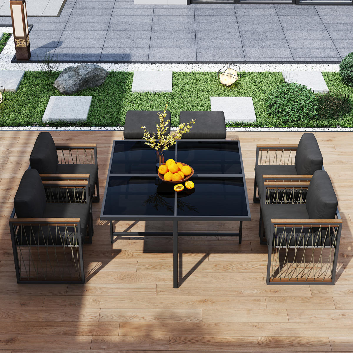 GARTENSET 7 tlg Glas Tisch 6 Personen - Schwarz, Metall - LEBENLANG