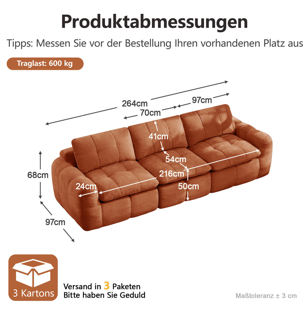 SOFA 264/97/68 cm in Orange, modular mit Chenille-Bezug und Karosteppung - Orange, Textil (97/68/264cm) - Flora Grace