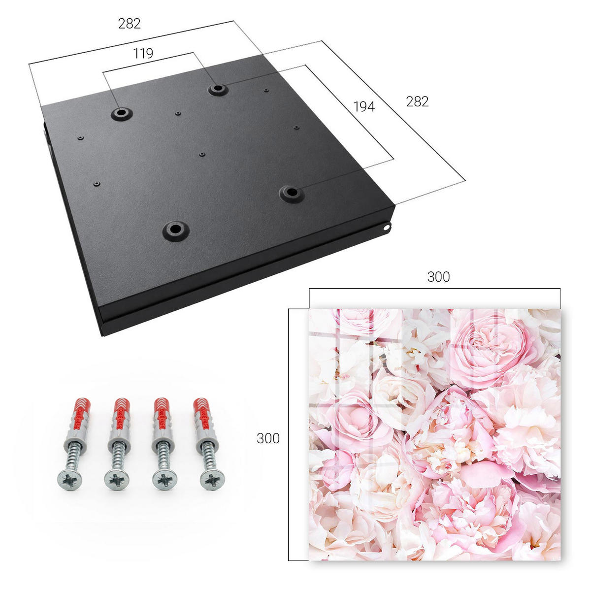 SCHLÜSSELBOX Schwarz 30x30 cm- Türöffnung nach rechts - Pastellblumen - Pink, Metall (30/30/5cm) - TULUP