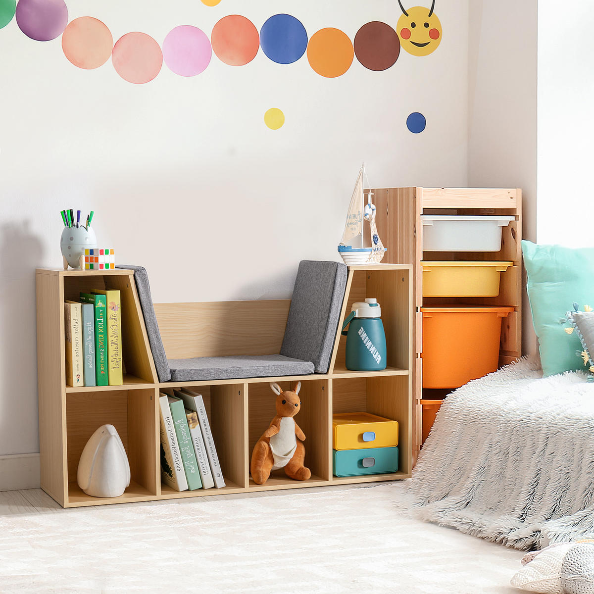 KINDERREGAL 2-in-1 Eckregal mit 6 Fächern Kindersitzbank mit Kissen Grau - Hellbraun/Naturfarben, Holzwerkstoff/Textil (30/62/103cm) - HOMCOM