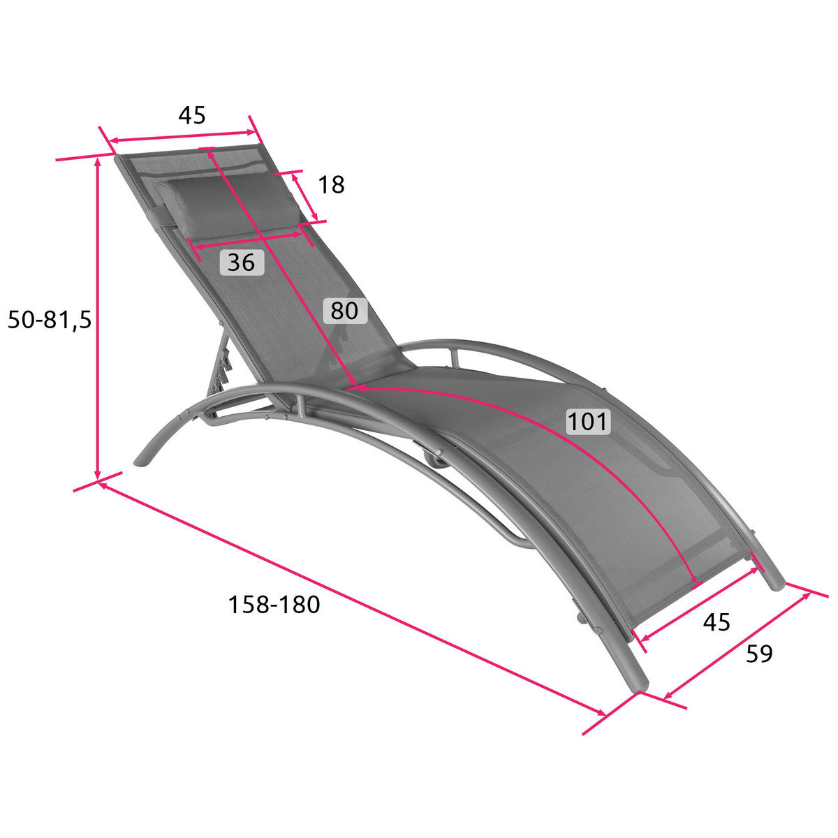 GARTENLIEGE 2er Set Alina,180 x 59 x 50 cm,grau - Grau, Kunststoff (59/81.5/180cm) - tectake