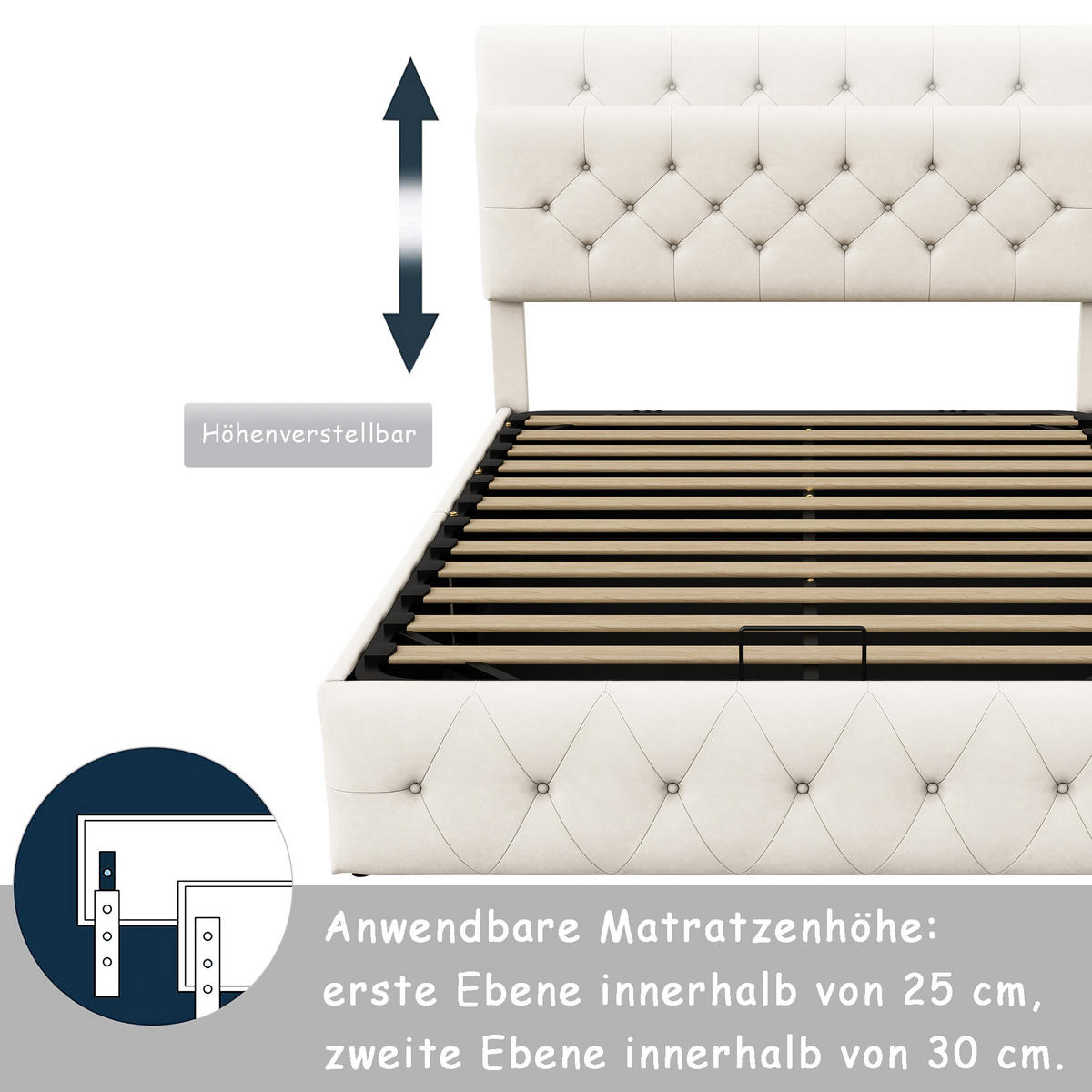 POLSTERBETT 160x200 cm Stauraum Metall Lattenrost Doppelbett beige - Beige, Holz (160/200cm) - LEBENLANG