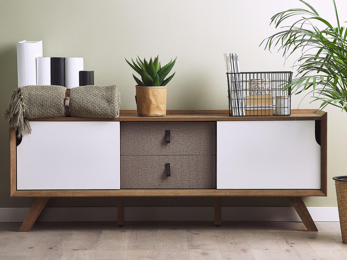 TV-MÖBEL Weiß, Hellbraun, Braun ACTON 42/147/56 cm - Weiß, Holzwerkstoff (147/56/42cm) - Beliani