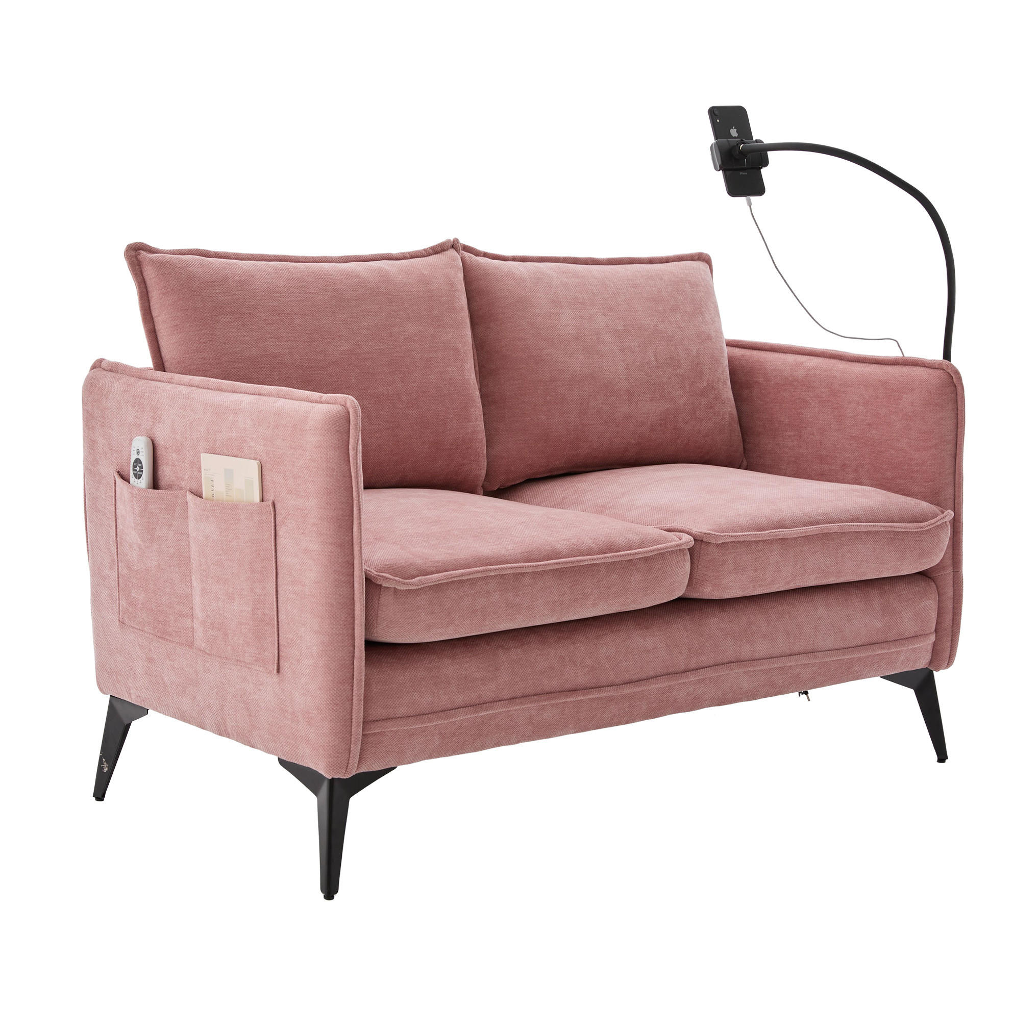 SOFA 2-Sitzer mit Handyhalterung und Ablagefächern Chenille Pink 127/69/66 cm - Rosa, Textil (127/66/69cm) - OKWISH