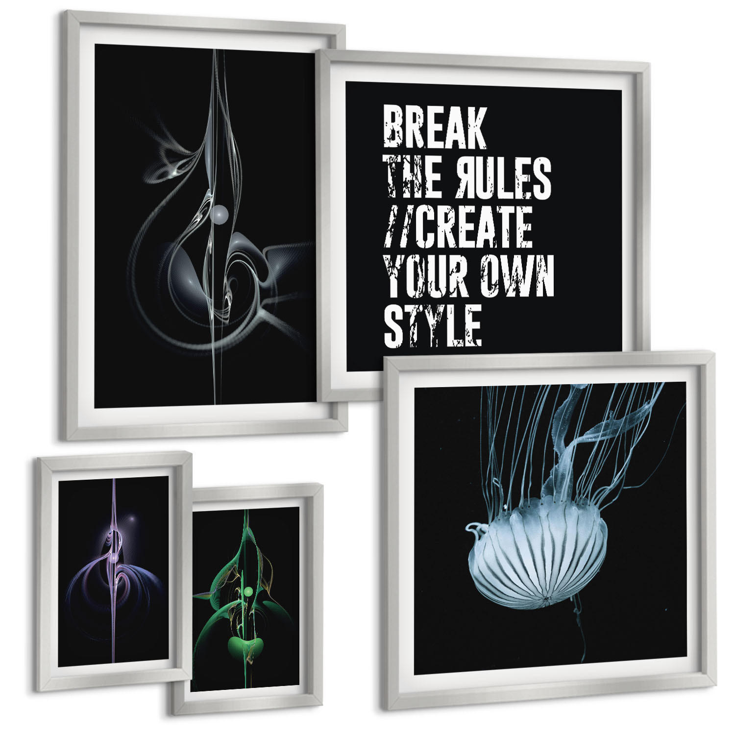 BILDER SET 5er Set - 50x50 cm & 20x30 cm & 40x60 cm Silberner Rahmen - Abstrakte Darstellung von grauen Katzenrosen - Silberfarben, Kunststoff (40/60cm) - TULUP