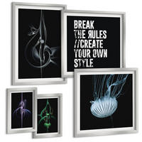 BILDER SET 5er Set - 50x50 cm & 20x30 cm & 40x60 cm Silberner Rahmen - Abstrakte Darstellung von grauen Katzenrosen - Silberfarben, Kunststoff (40/60cm) - TULUP