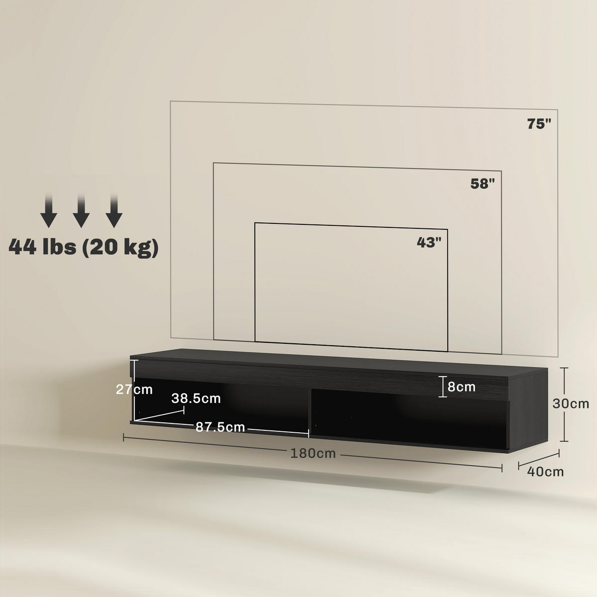 TV-MÖBEL Schwarz 1 Stück - Schwarz, Holzwerkstoff (180/30/40cm) - GiPP