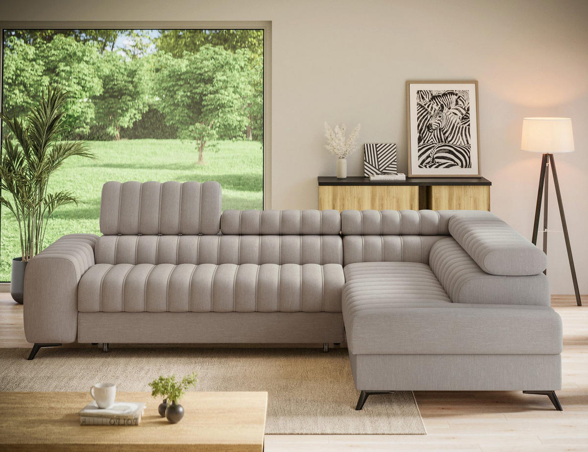 KANEDO Ecksofa mit Schlaffunktion und Bettkasten – Modernes Designsofa, verstellbare Kopfstützen, Metallfüße - Beige, Kunststoff (269/86cm) - Wohnideebilder