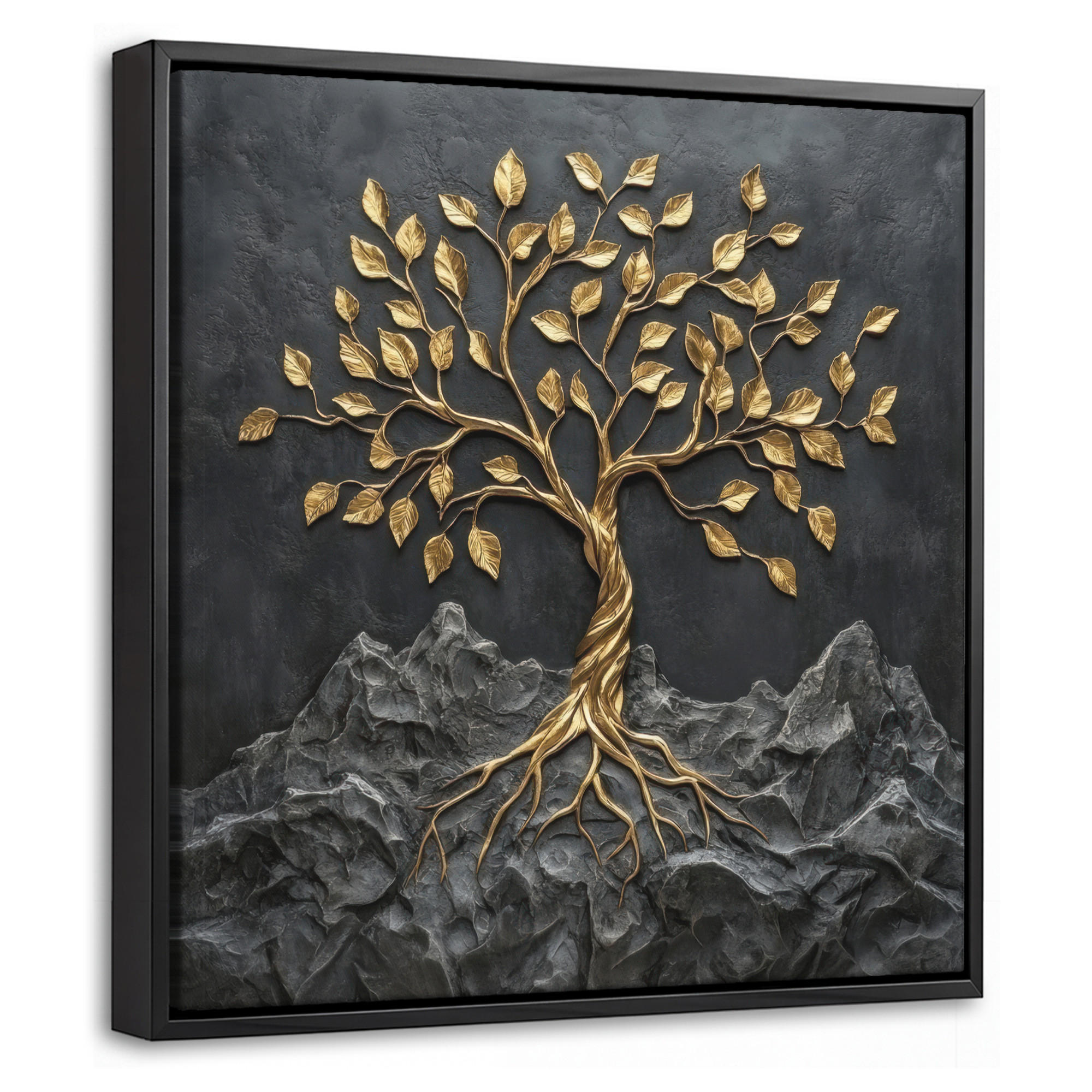 LEINWAND Bilder mit Rahmen - Blätter - Gold - Baum - Fels - 20x20 - Schwarz, Textil (20/20cm) - MuchoWow