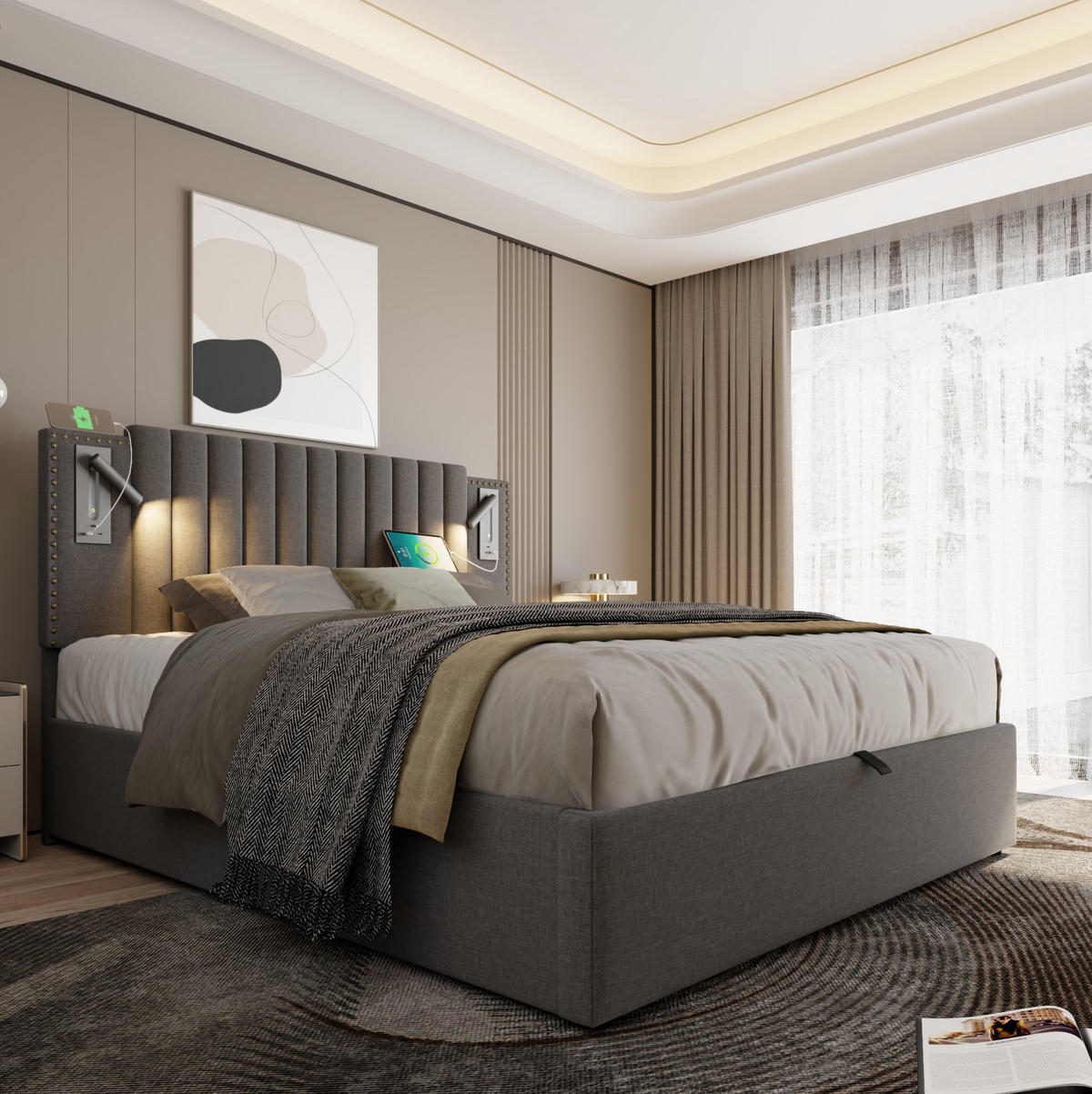POLSTERBETT 180/200 cm mit USB- und Type-C-Anschlüssen, Leselicht und Bettkasten, Baumwolle, Grau - Grau, Textil (180/200cm) - Redom