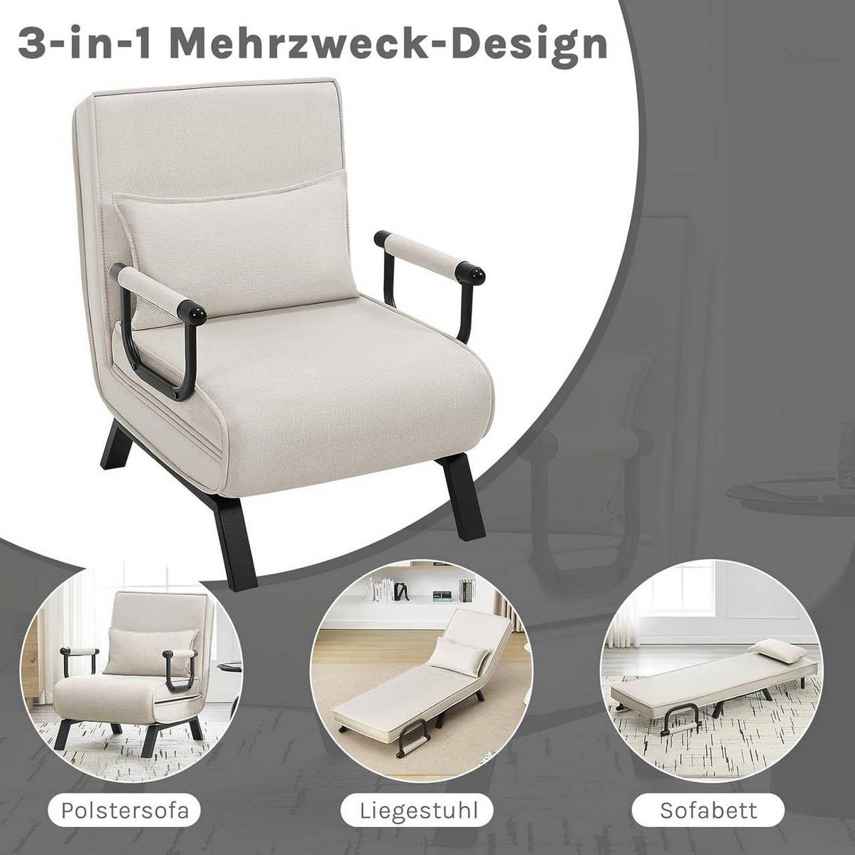 SCHLAFSESSEL 3 in 1, mit Verstellbarer Rückenlehne, Leinen Beige - Beige/Schwarz, Textil/Metall (65/78/75cm) - Woltu