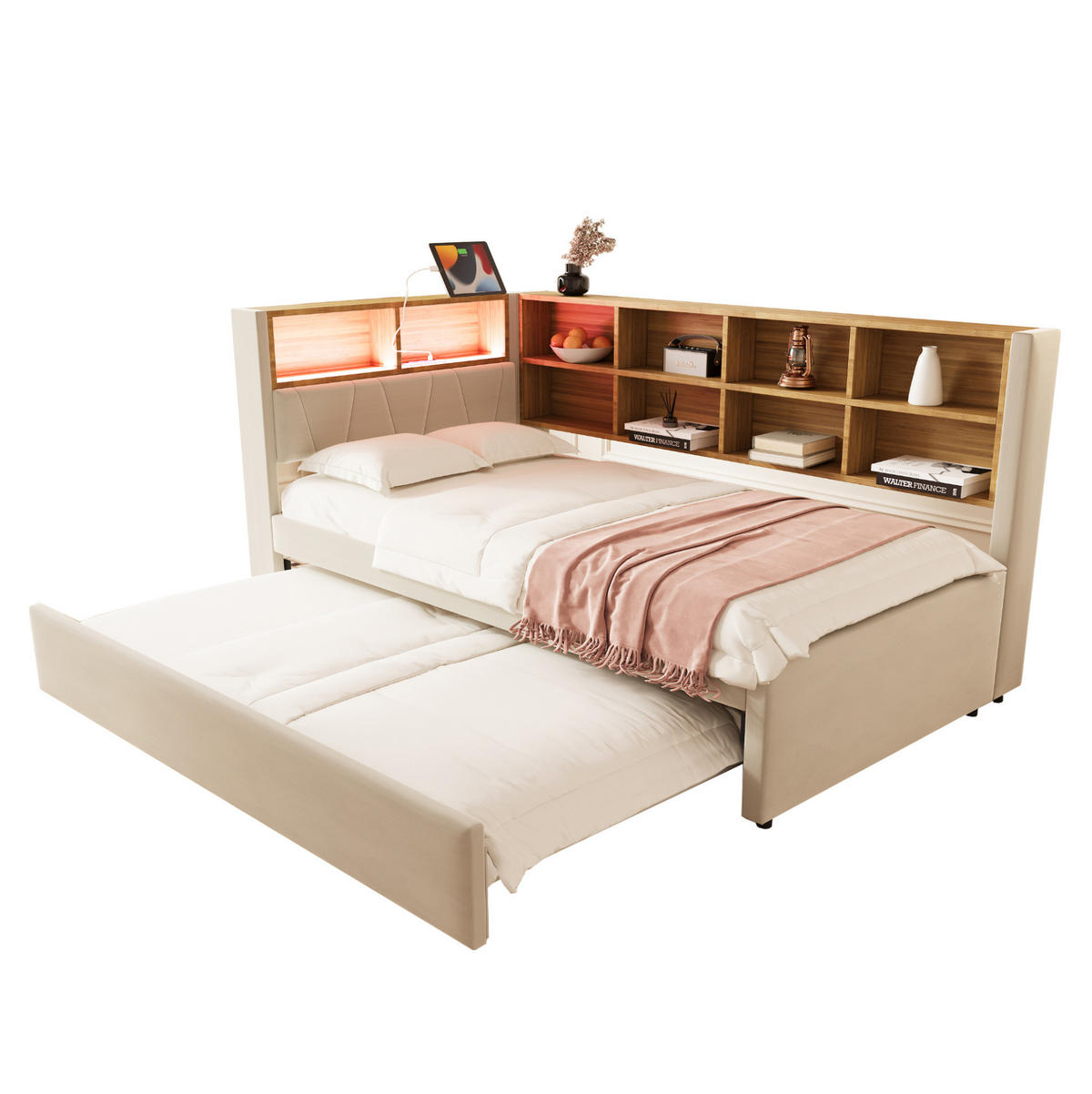 BETT 90/200 cm mit Ausziehbett 90/190 cm, LED-Beleuchtung, USB-C, Steckdose und Stauraum, Beige - Beige, Textil (90/200cm) - Redom