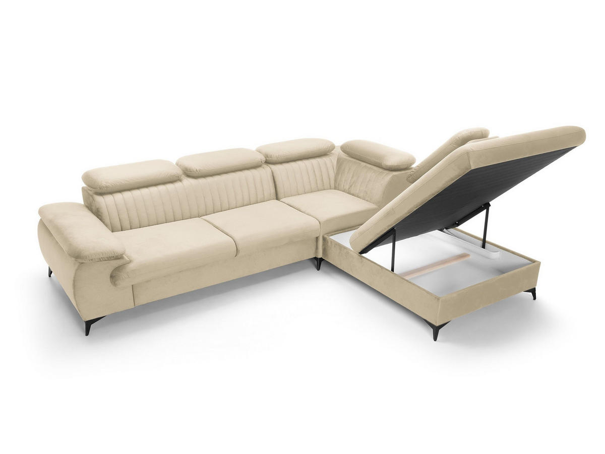 ECKSOFA FIORE Creme Velours-Stoff mit Schlaffunktion - Creme, Holz (275/221cm) - MASSENO