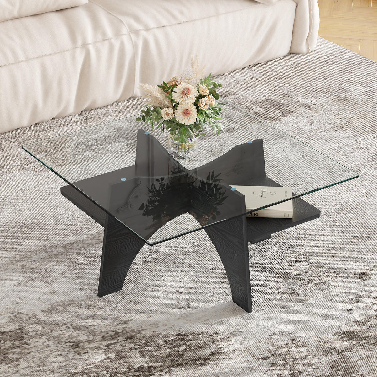 COUCHTISCH in Schwarz Moderner quadratischer Beistelltisch mit Holzoptik für Esszimmer und Wohnzimmer, B80/T80/H40 cm - Schwarz, Glas/Holzwerkstoff (80/80/40cm) - STILVORA