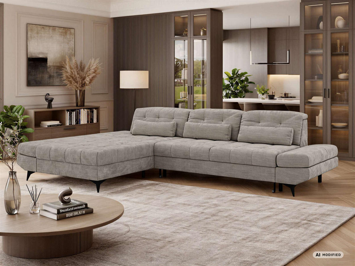 ECKSOFA ALVENO L - Hellgrau Schenille glatt - Links Seite - Hellgrau/Schwarz, Textil/Metall (218/344cm) - MKS
