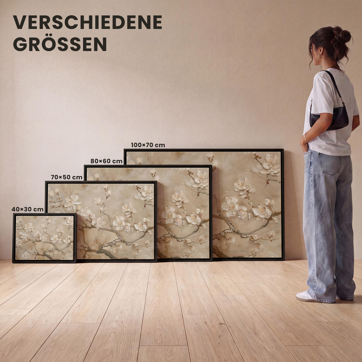LEINWAND Bilder mit Rahmen - Blumen - Modern - Beige - Weiß - Blüte - 80x60 - Beige, Textil (80/60cm) - MuchoWow