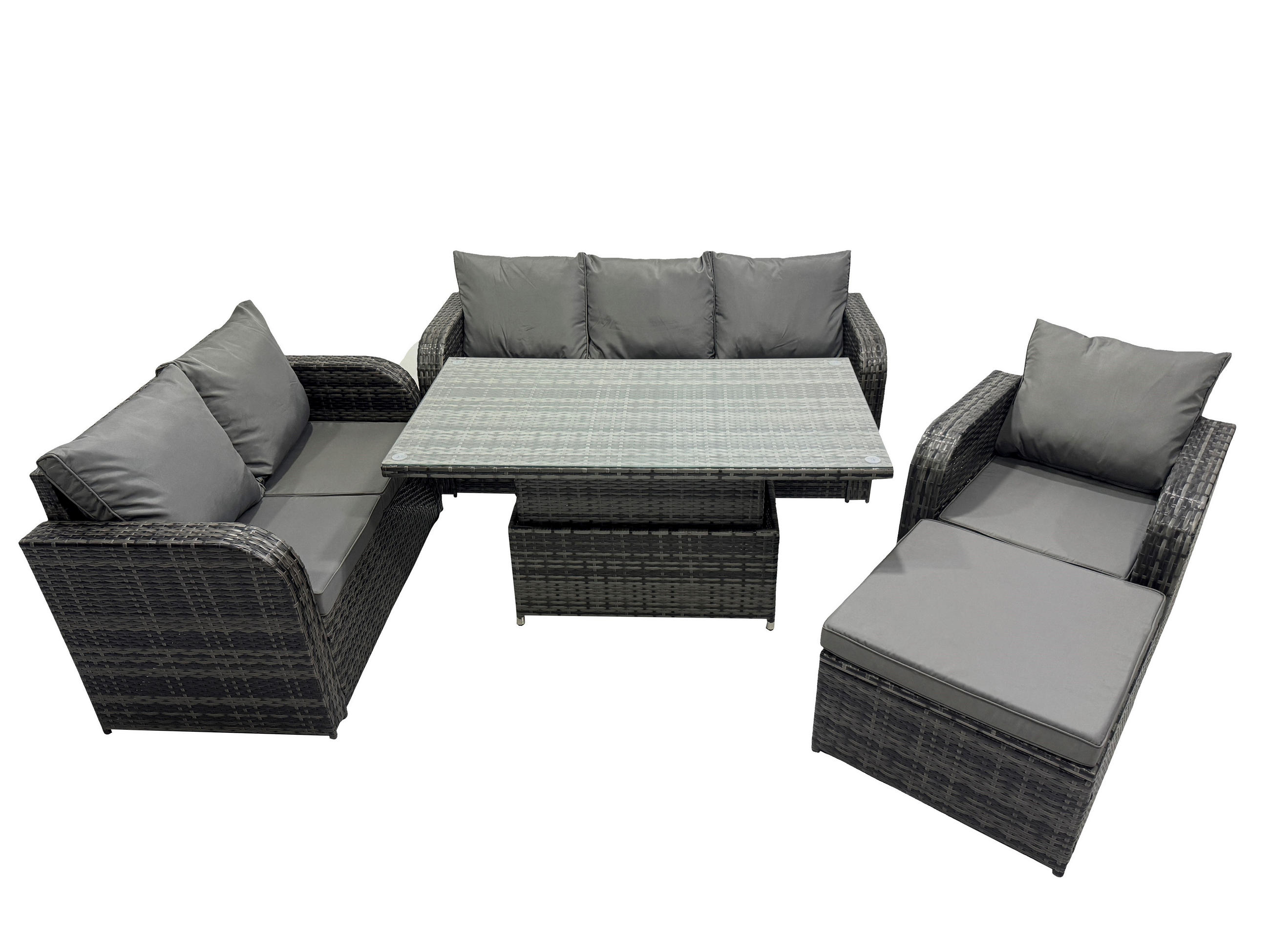 GARTENMÖBEL SET mit 3-Sitzer Sofa, Stuhl Höhenverstellbarer Esstisch 7-Sitzer Grau - Dunkelgrau/Grau, Glas/Kunststoff - Fimous