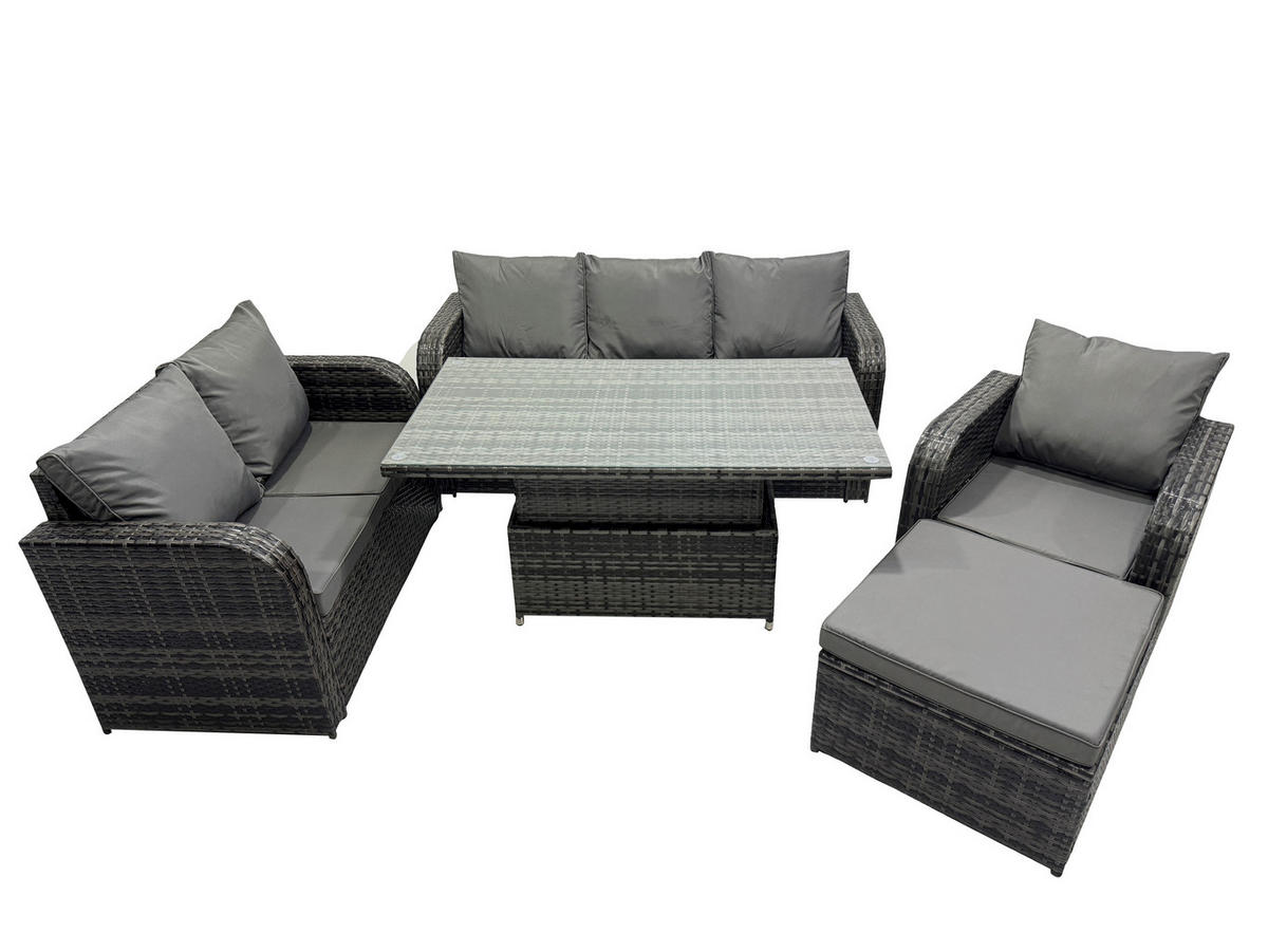 GARTENMÖBEL SET mit 3-Sitzer Sofa, Stuhl Höhenverstellbarer Esstisch 7-Sitzer Grau - Dunkelgrau/Grau, Glas/Kunststoff - Fimous