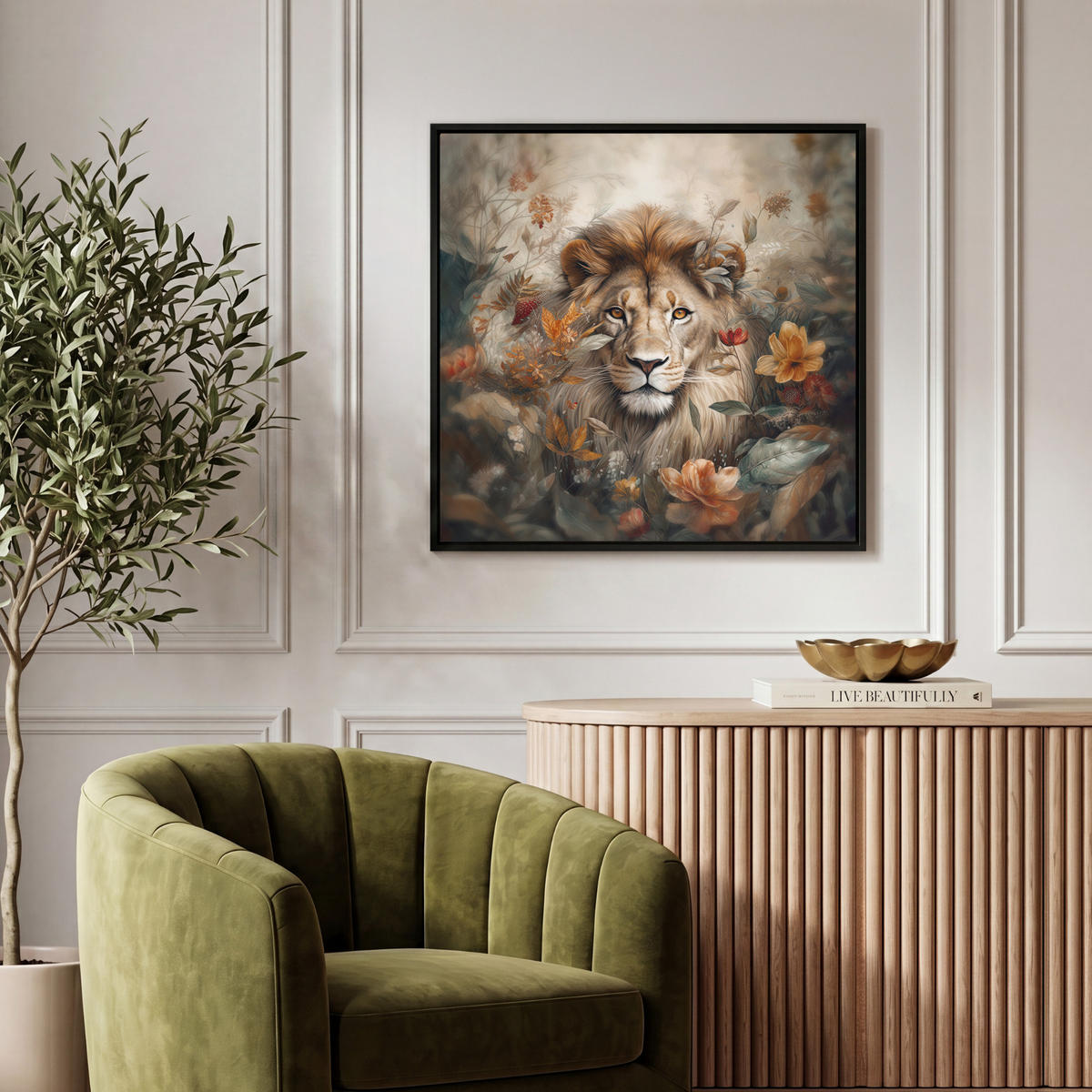 LEINWAND Bilder mit Rahmen - Löwe - Wildtiere - Pflanzen - Natur - Blumen - 50x50 - Beige, Textil (50/50cm) - MuchoWow