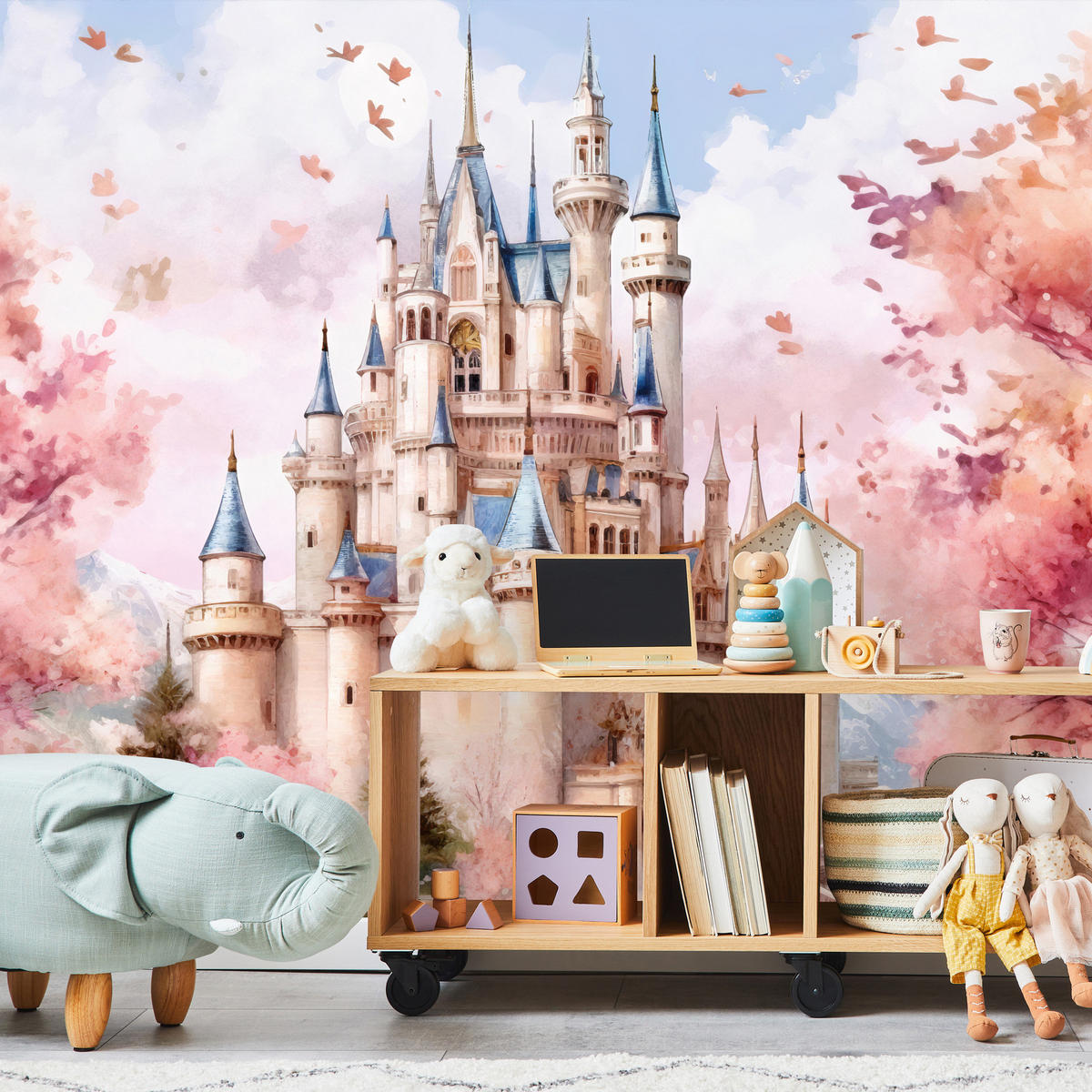 FOTOTAPETE für Kinderzimmer Märchenschloss Aquarell 300x210 - Blau/Violett, Papier (300/210cm) - Muralo