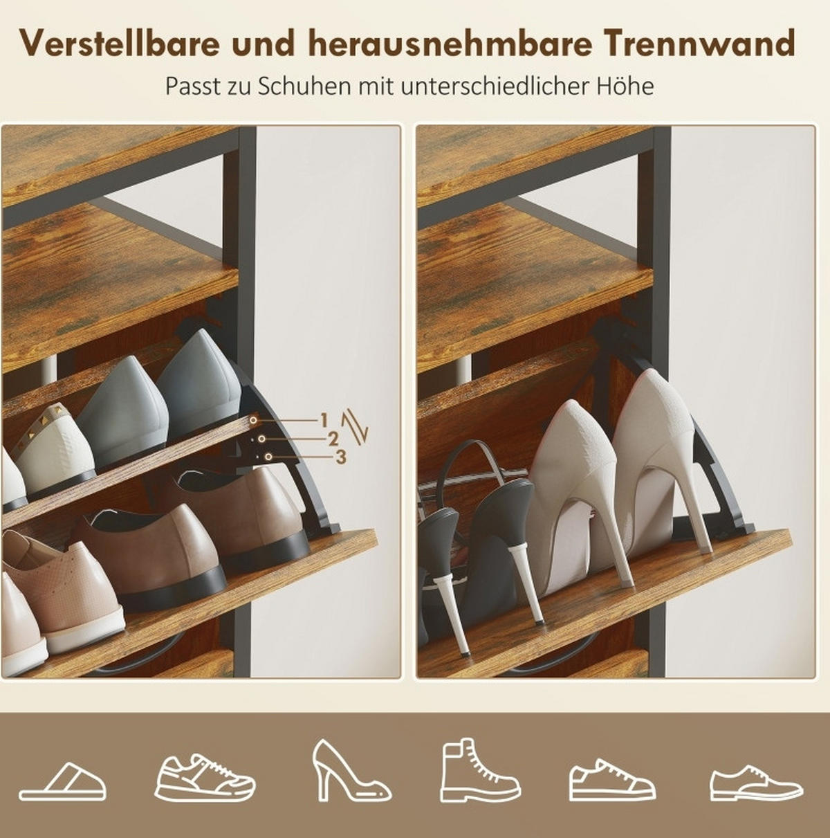 SCHUHSCHRANK mit 4 Klappschubladen 98 x 24 x 95 cm Holzoptik Braun - Braun, Holz (24/95/98cm) - Beauniv