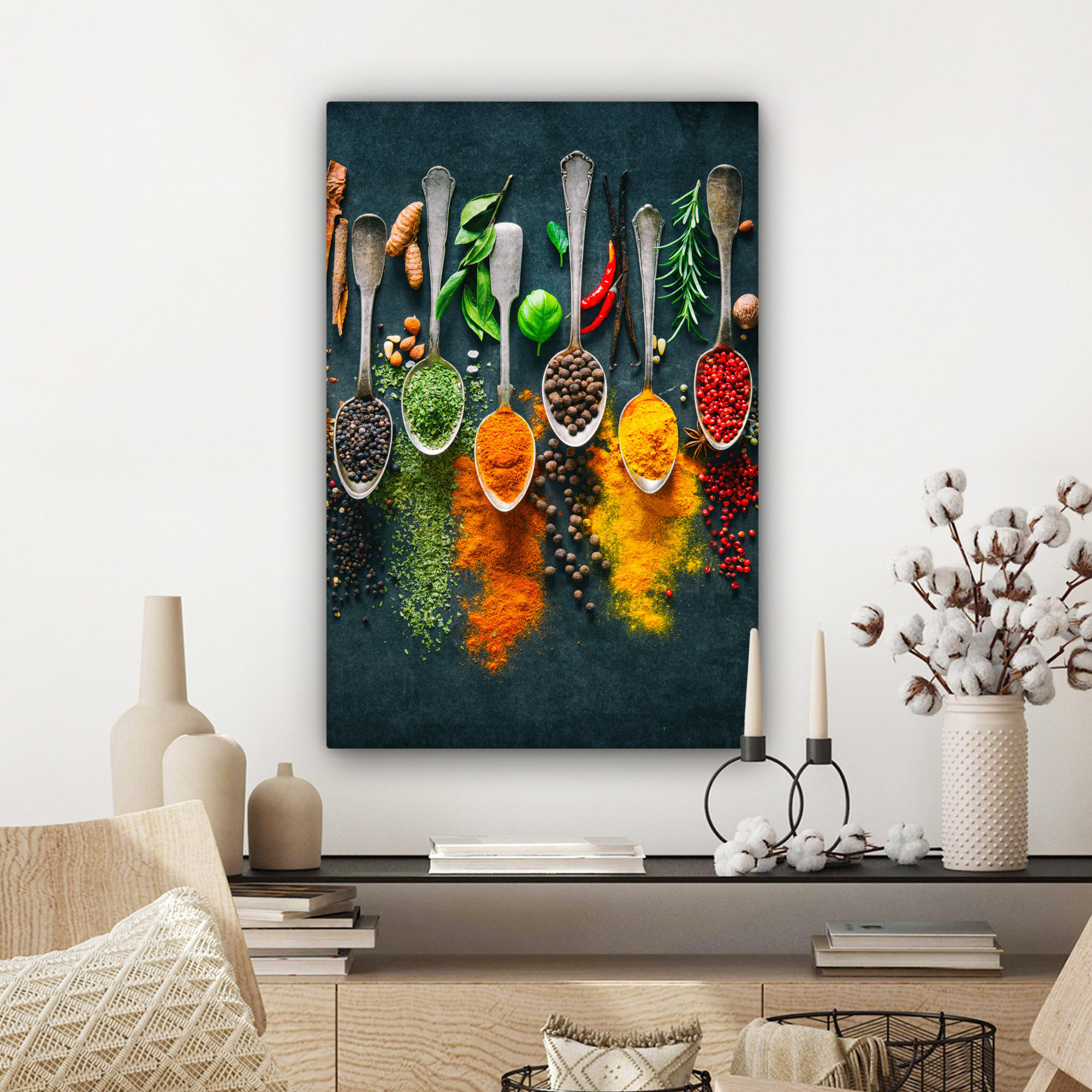 LEINWANDBILD Kräuter - Gewürze - Löffel 40x60 cm - Currygelb, Textil (40/60cm) - MuchoWow
