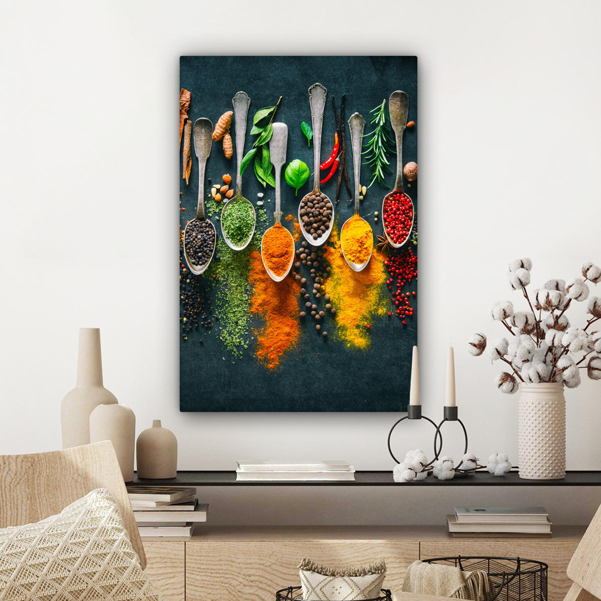 LEINWANDBILD Kräuter - Gewürze - Löffel 60x90 cm - Currygelb, Textil (60/90cm) - MuchoWow