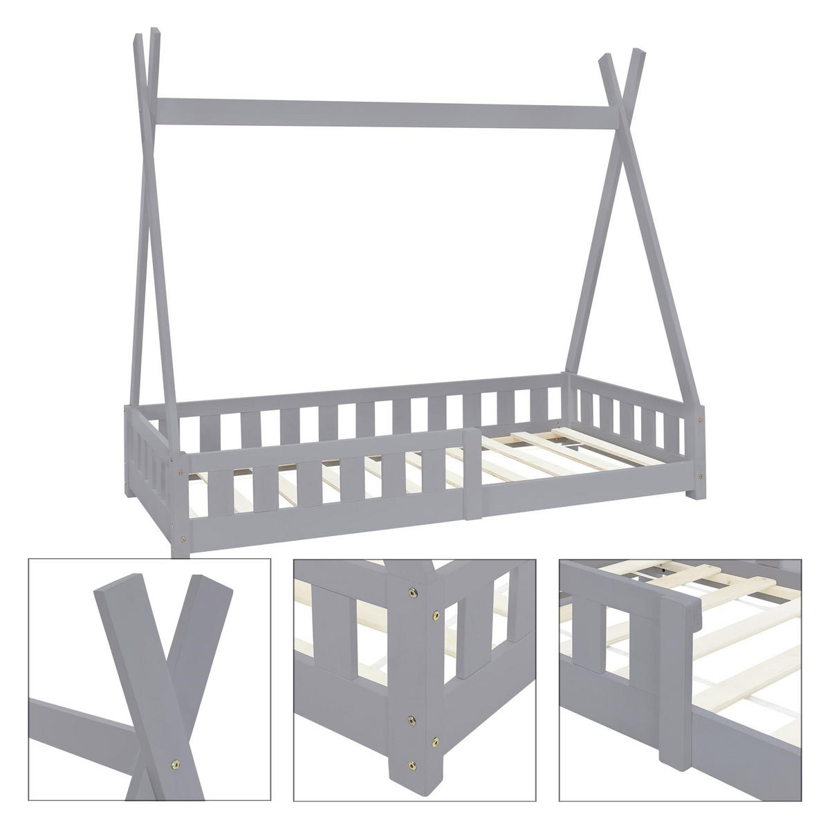 KINDERBETT Tipi mit Matratze 80x160 cm Hellgrau - Hellgrau, Holz (80/160cm) - ML-DESIGN