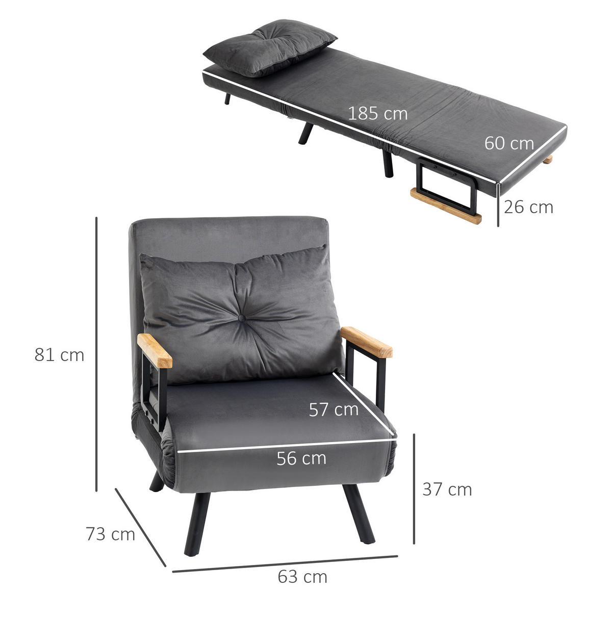 ROZKLÁDACÍ křeslo 63/73/81 cm s lůžkovou funkcí a 5polohovým opěradlem, Tmavě šedá - tmavě šedá, kov (73/81/63cm) - Redom