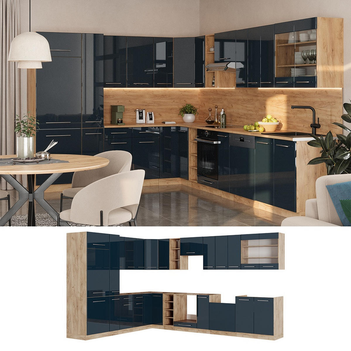 HÖRNKÖK Fame-Line, Mörkblå högblank/Goldkraft ek, 347 x 257 cm, AP Oak - Honungsek/Mörkblå, Träbaserade material (347/206.8/60cm) - Vicco