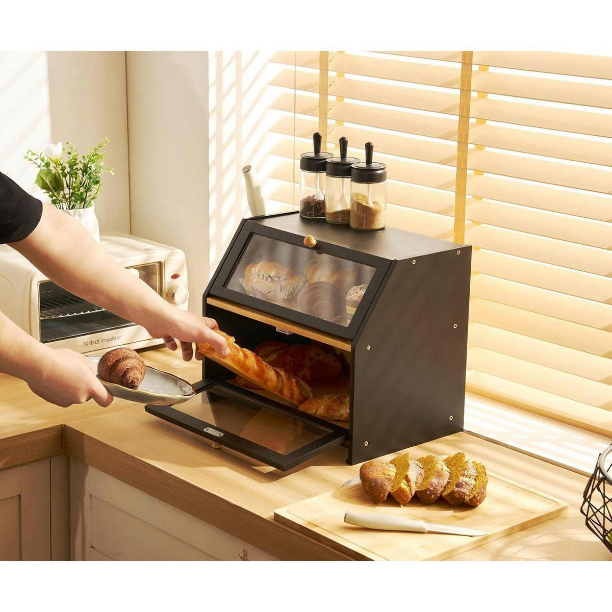 BROTKASTEN Bambus Schwarz mit Schneidebrett 39 x 26 x 32.5 cm - Schwarz, Naturmaterialien (26/32.9/39cm)
