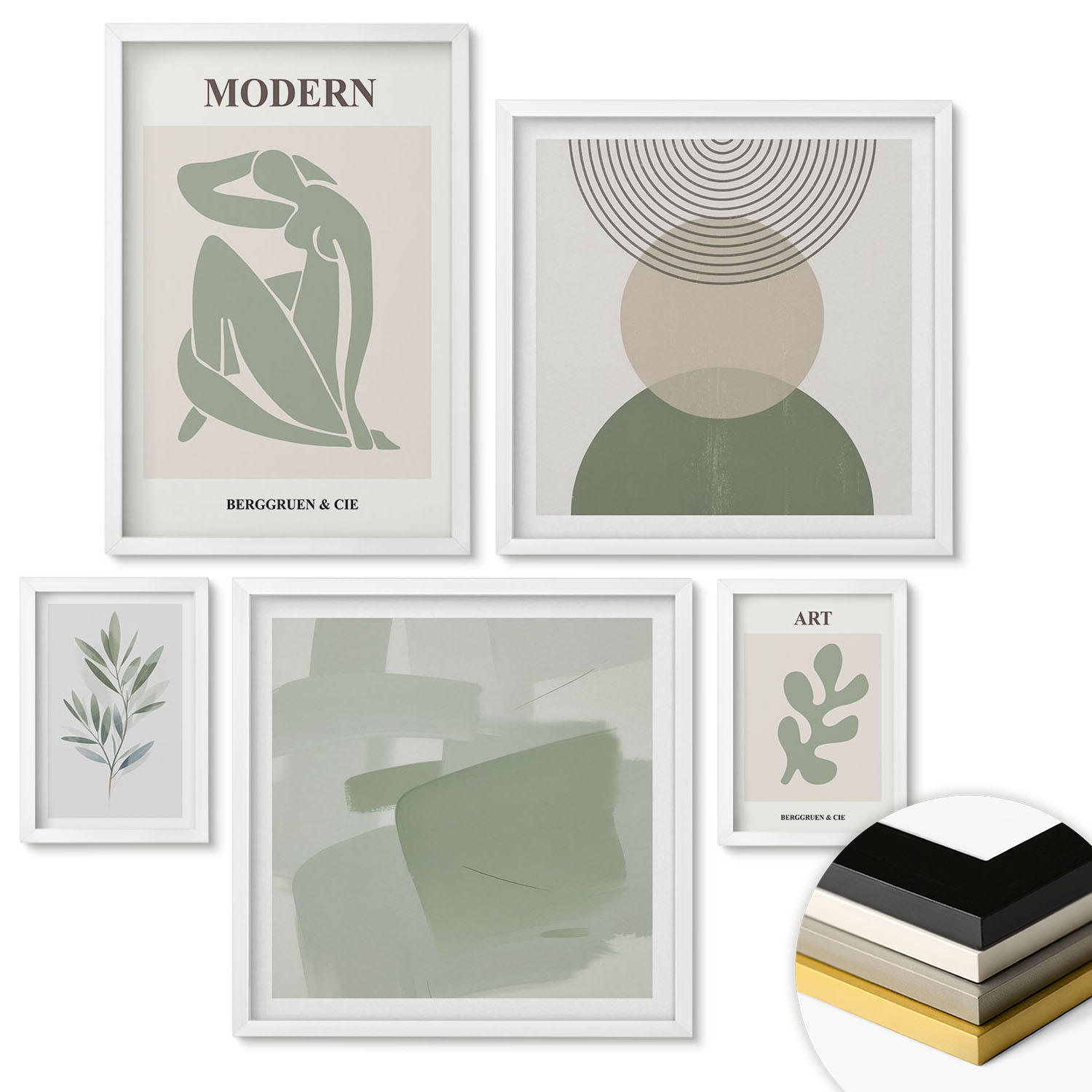WANDBILDER 5er-Set - 50x50 cm & 20x30 cm & 40x60 cm Weißer Rahmen - Stilvolle abstrakte Pflanzengrafiken - Weiß, Kunststoff (40/60cm) - ArtPrintCave