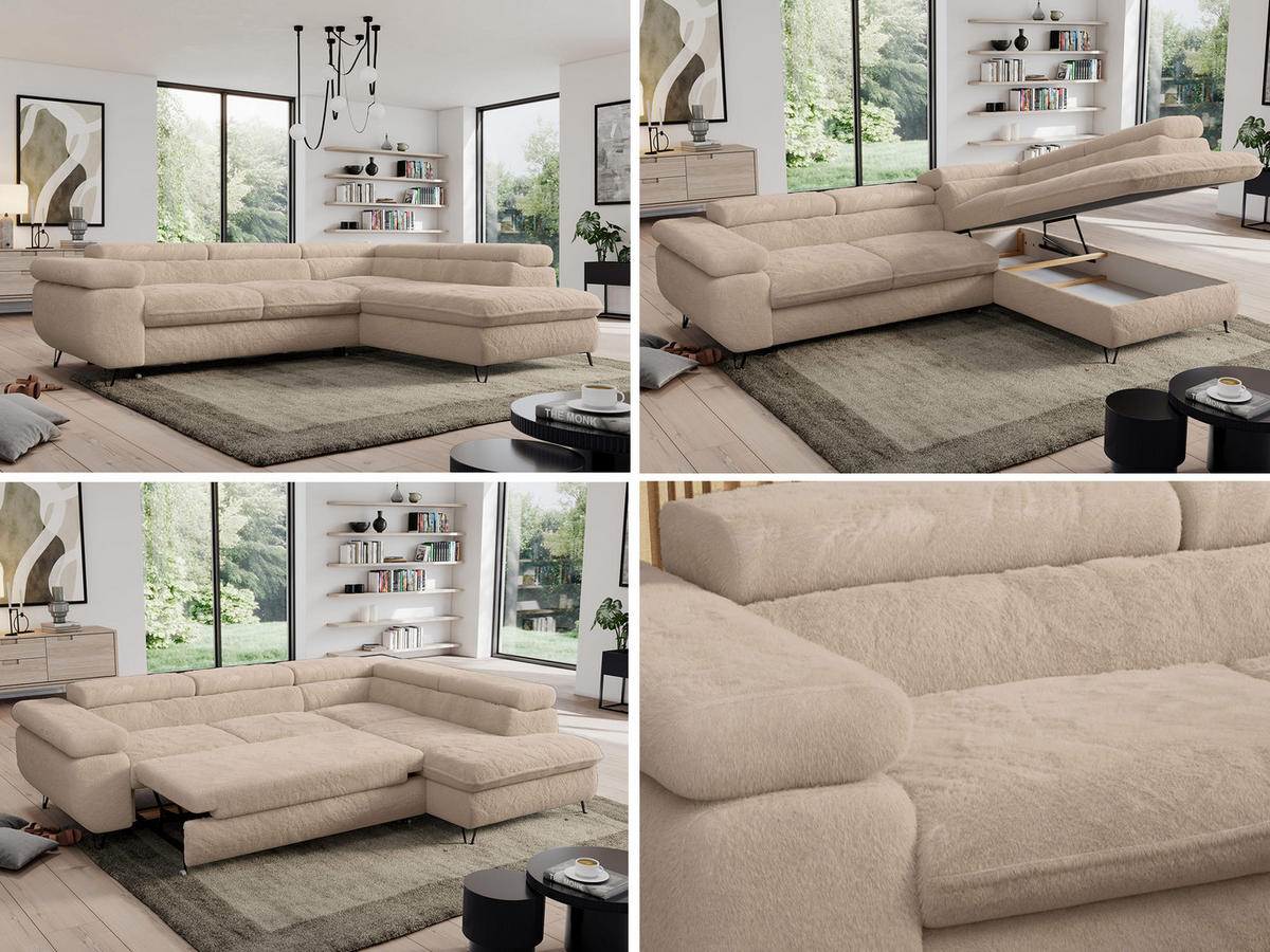 ECKSOFA PEDRO L Beige Plüsch - Rechts Seite - Beige/Schwarz, Textil/Metall (273/208cm) - MKS