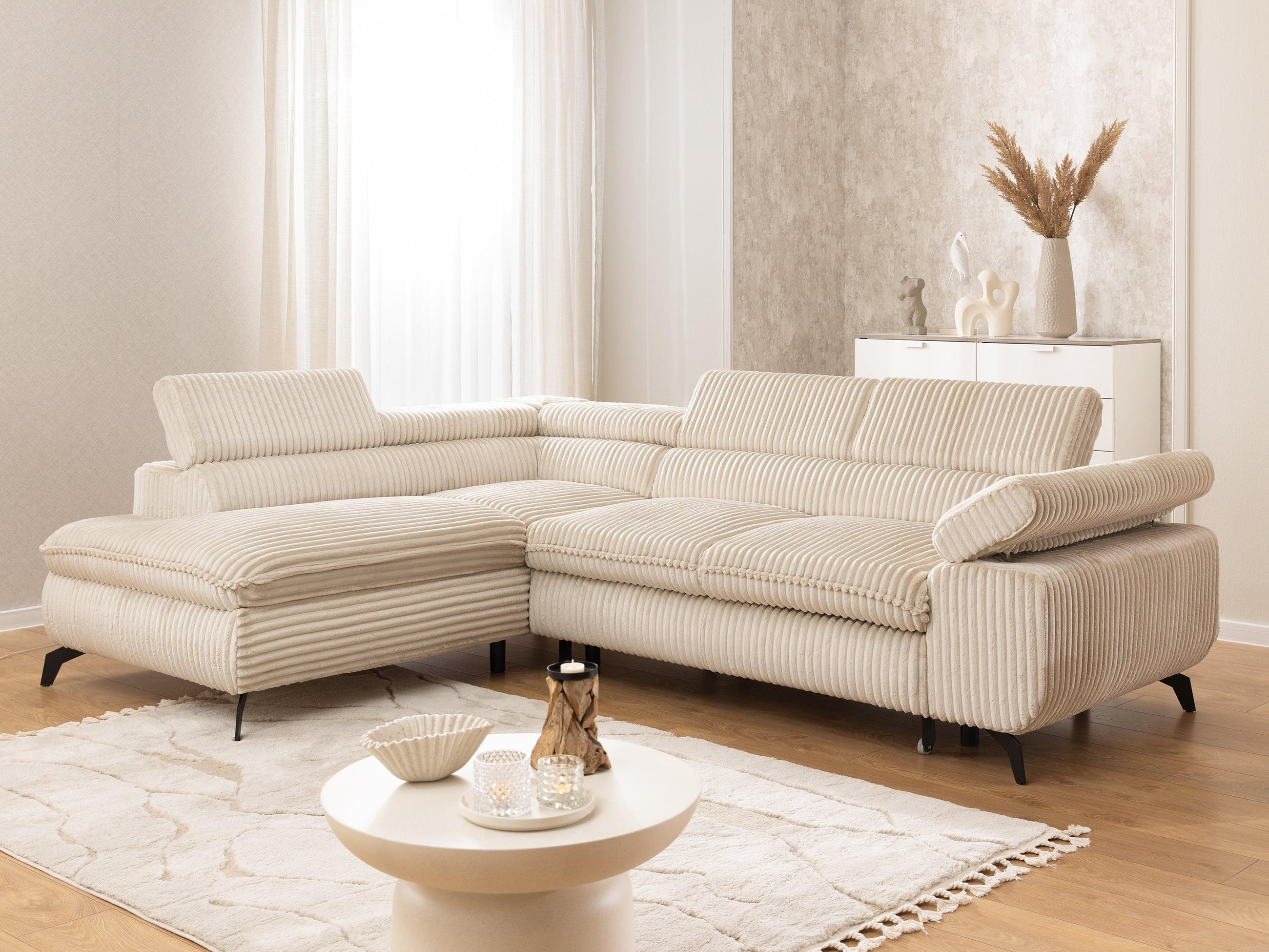ECKSOFA mit Schlaffunktion und Bettkasten Bonnie aus Hellbeige Cord-Stoff mit verstellbaren Kopfstützen und Armlehne - Ottomane links - Beige/Schwarz, Holz/Textil (275/210cm) - S-Style Möbel
