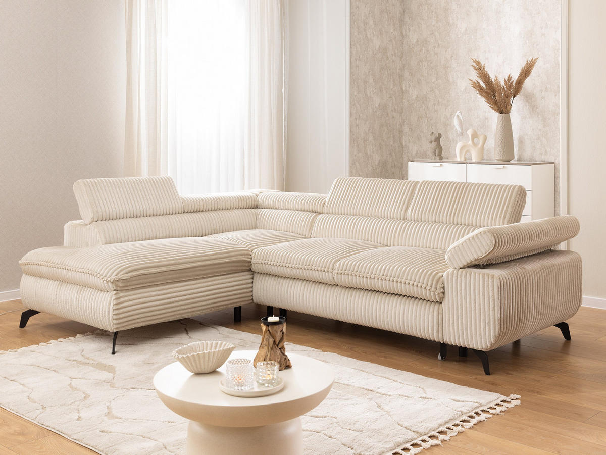 ECKSOFA mit Schlaffunktion und Bettkasten Bonnie aus Hellbeige Cord-Stoff mit verstellbaren Kopfstützen und Armlehne - Ottomane links - Beige/Schwarz, Holz/Textil (275/210cm) - S-Style Möbel