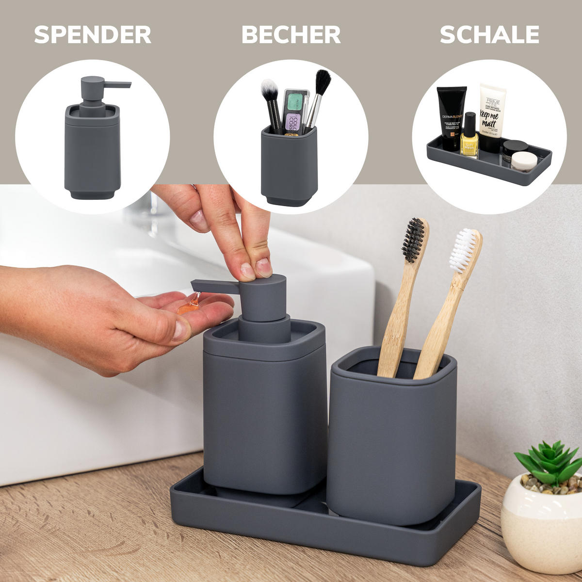 BAD-ACCESSOIRES-SET VALONA, Soft-Touch, grau - Grau, Kunststoff (18/2.5/9.5cm) - eluno