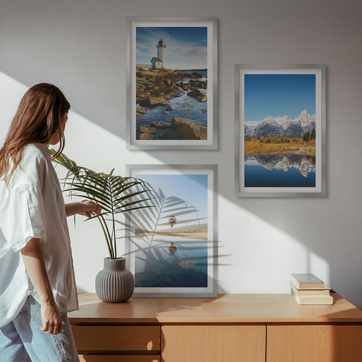 WANDBILDER 3er Set - 40x60 cm Silberner Rahmen - Naturansichten, Leuchtturm, Berge, Ballonfahrt - Silberfarben, Kunststoff (40/60cm) - ArtPrintCave
