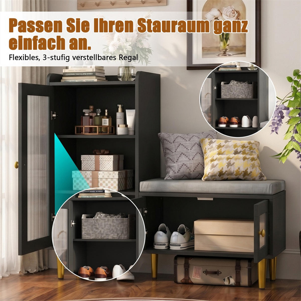 SCHUHSCHRANK mit integrierter Sitzbank - Mehrzweck-Schuhschrank mit geriffelten Glastüren und Sitzkissen - Schwarz und Gold - Schwarz, Holzwerkstoff (35/69.5/100cm) - DELFA