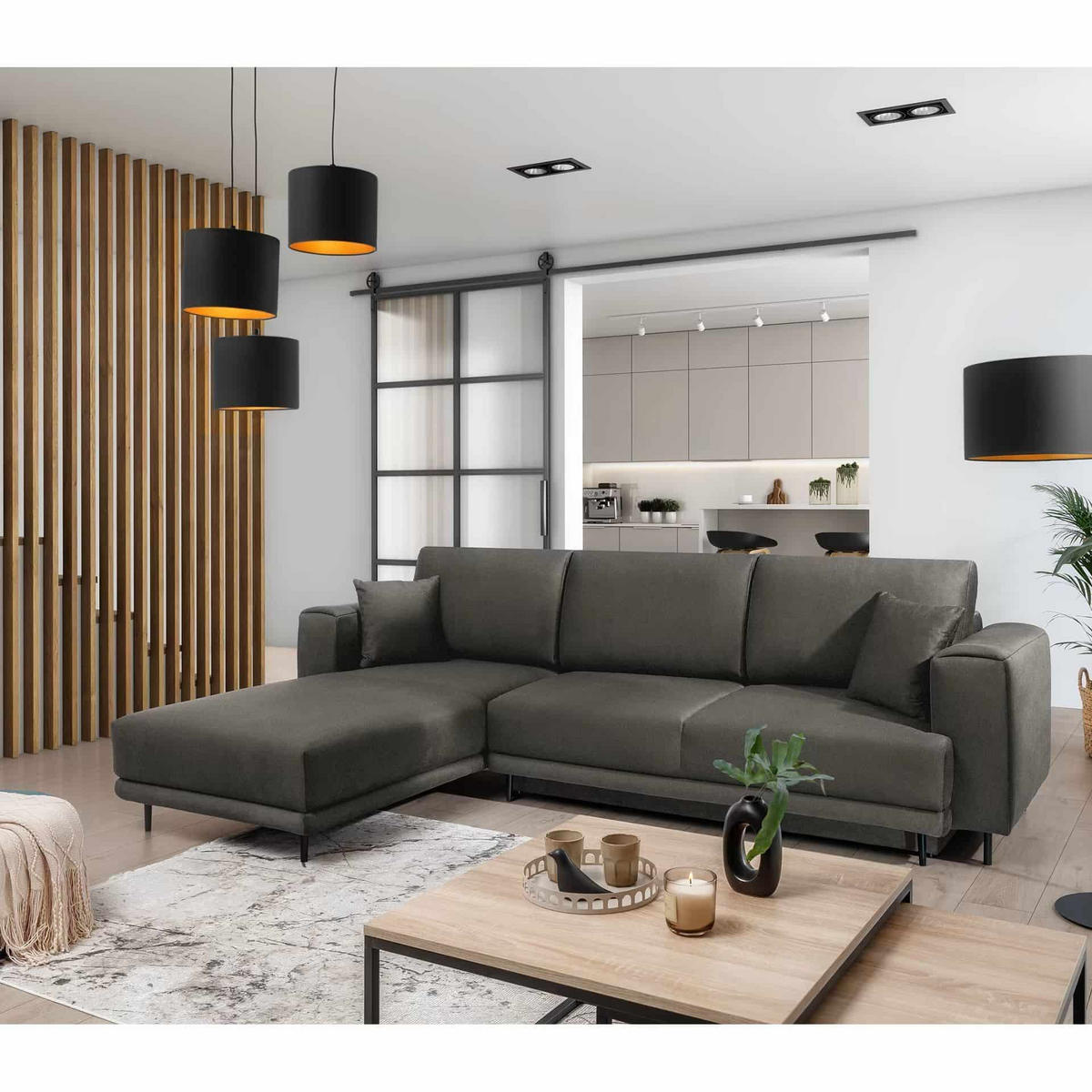 ECKSOFA mit Schlaffunktion und Bettkasten, Loco-Stoff - Schwarz/Grau, Textil/Metall (289/190cm) - Eltap