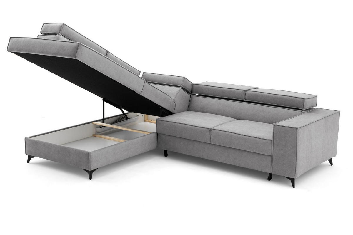 ECKSOFA PURE L Links mit Schlaffunktion 127x199 Velours Hellgrau - Hellgrau/Schwarz, Holz/Textil (281/204cm) - Muffo