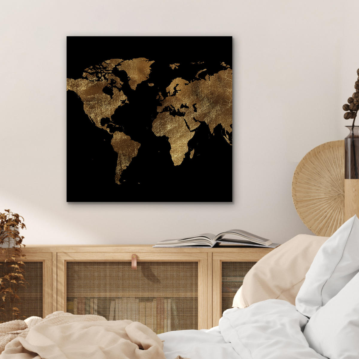 KOVOVÝ OBRAZ Mapa sveta - Zlato - Luxus - Zem - Čierna 50x50 cm - zlatá, kov (50/50cm) - MuchoWow