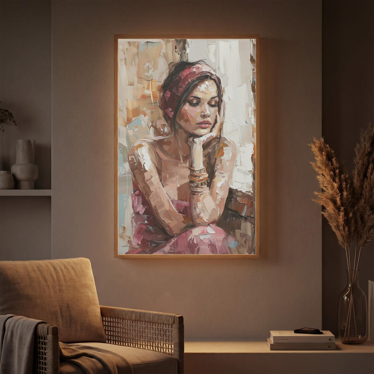 NÁSTĚNNÁ LAMPA S AKUMULÁTOREM Žena - vzhled malby - portrét - moderní 60x90 cm - hnědá, kompozitní dřevo (60/90/8cm) - OnlyWow