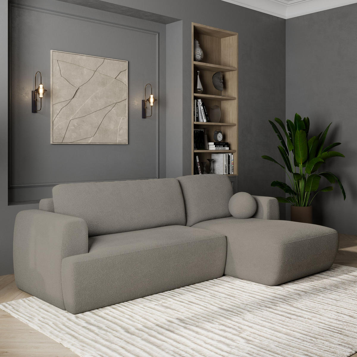 ECKSOFA SENTI N R-S Hellgrau Boucle-Stoff mit Schlaffunktion - Hellgrau, Holz (246/148cm) - MASSENO