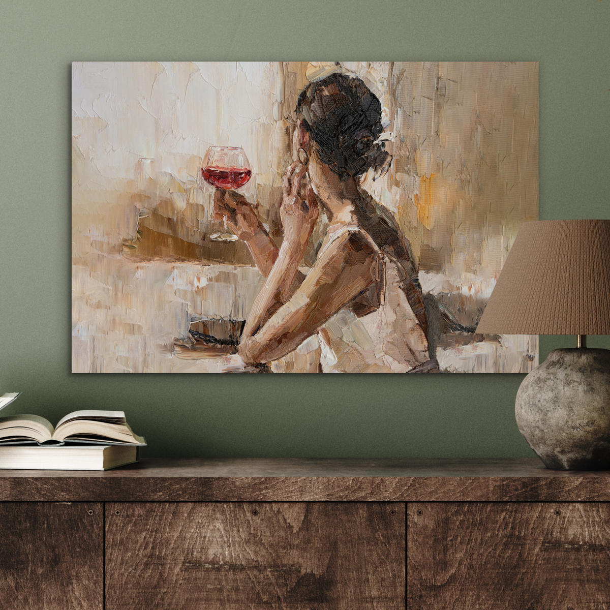 METALLBILD Ölgemälde - Frau - Wein 60x40 cm - Hellbraun, Metall (60/40cm) - MuchoWow