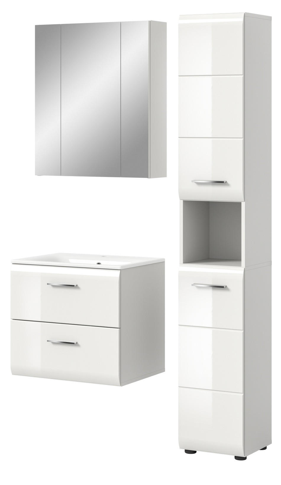 BADMÖBEL SET 3-teilig in weiß Hochglanz inkl. Waschbecken 105 x 185 cm Cover - Weiß Hochglanz/Silberfarben, Holzwerkstoff/Kunststoff (105/185/46cm) - Inn.Furn